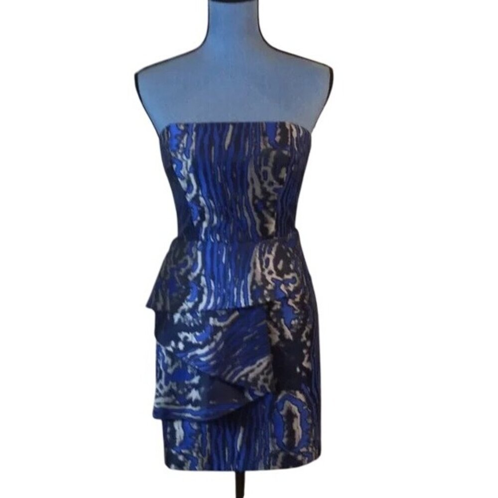 Bebe Strapless Blue & Black Tiered Mini Dress XS